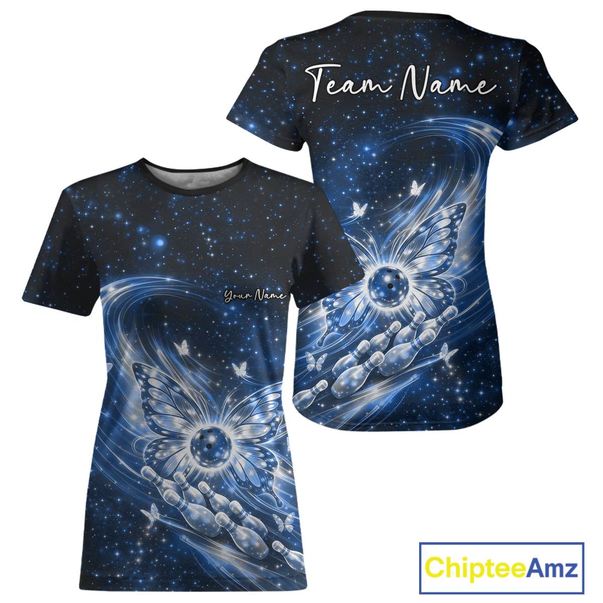 Blue women’s crewneck bowling shirt shown front and back with glowing butterfly wings surrounding a bowling ball against a galaxy-inspired background.
