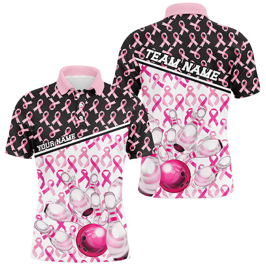 Black And Pink Breast Cancer Awareness Ribbons Custom Bowling Shirts For Men And Women IPHW7007