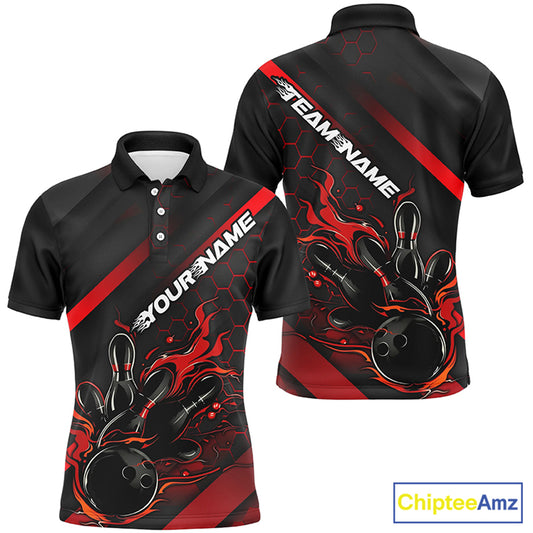Custom Black And Red Flame Bowling Shirts For Men, Bowling Team Bowling League Shirts IPHW7210