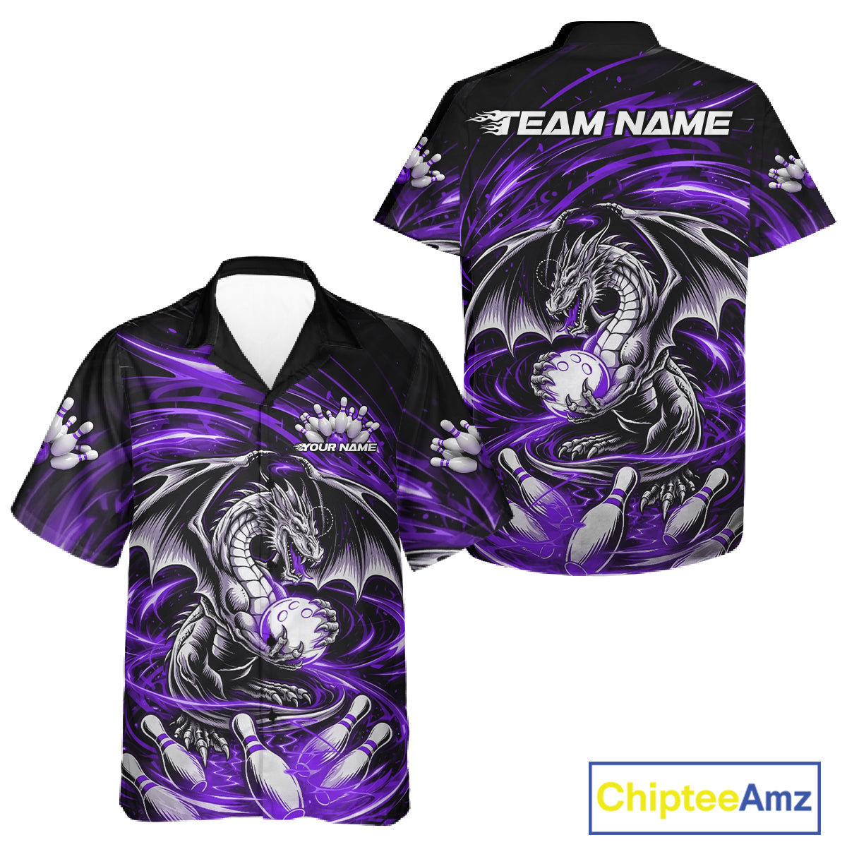 Custom Black And Purple Fire Flame Dragon Bowling Jerseys Bowling Team Men And Women Hawaiian Shirt IPHW10295