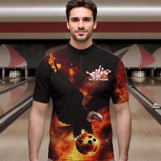 Custom Flame Eagle Bowling Quarter-Zip Shirts For Men, Ealge Bowling Team Shirt With Name IPHW8447