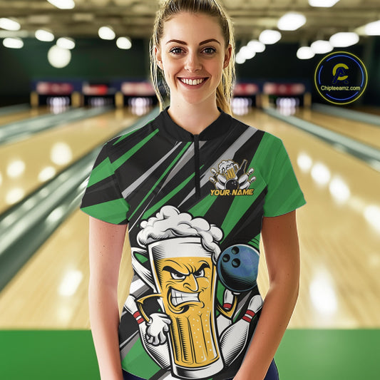 Custom Funny Green Bowling Jerseys Bowling And Beer Women Shirts, Bowling Jerseys IPHW10534
