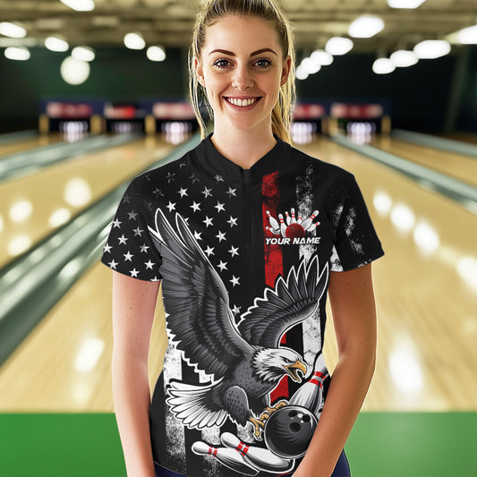Custom Red Line American Flag Eagle Bowling Women Quarter-Zip Shirt, Patriotic Bowling IPHW8939