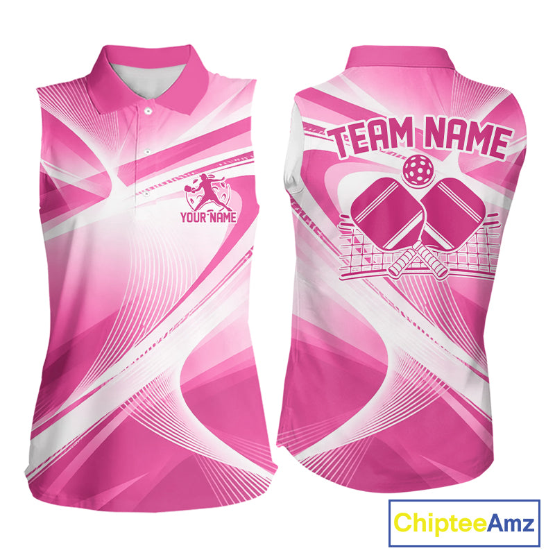 Custom Pink Pickleball Matching Team Tournament Shirt, Pickleball League Women Sleeveless Polo IPHW12740