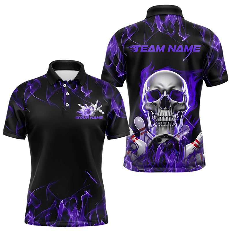 Custom Purple Flame Skull Bowling Polo Shirts For Men, Skull Bowling Tournament Shirt IPHW8222