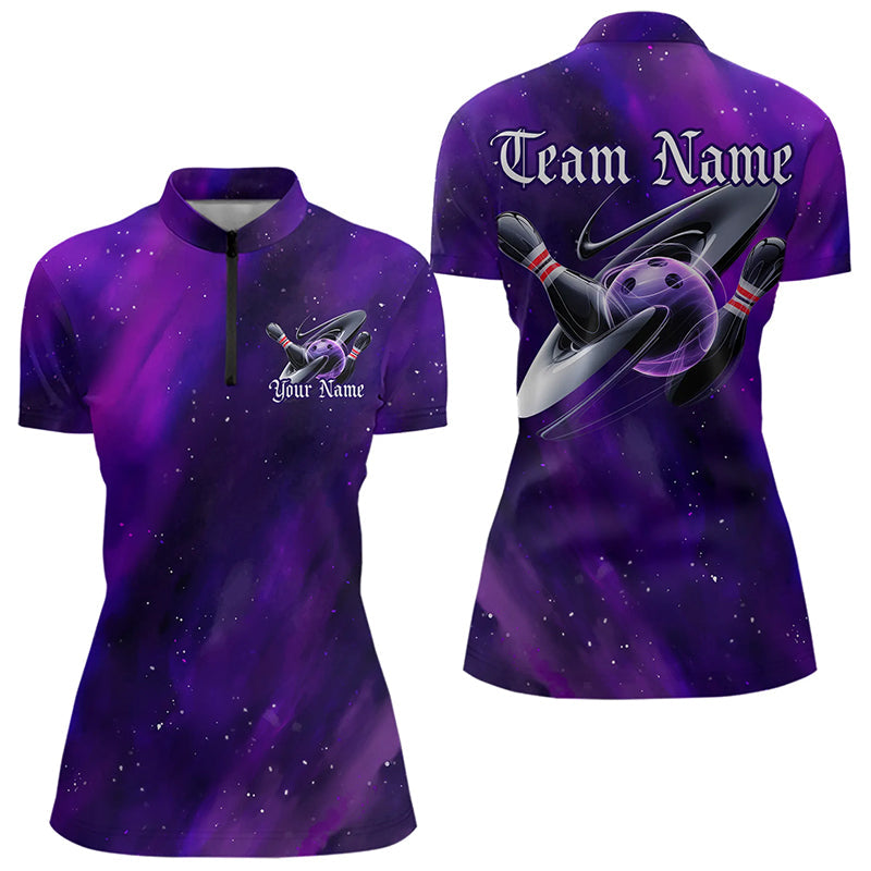 Custom Purple Galaxy Bowling Quarter-Zip Shirts For Women, Team Bowling League Shirts IPHW8234