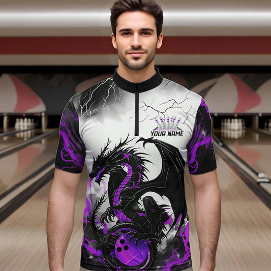 Black And Purple Thunder Lightning Custom Dragon Bowling Men Quarter-Zip Shirts, Bowling Uniform IPHW8695
