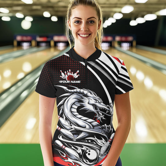 Custom Black And Red Dragon Bowling Team Women Quarter-Zip Shirts, Dragon Bowling Jerseys IPHW8705