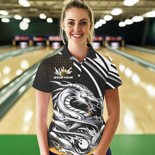 Custom Black And Yellow Dragon Bowling Team Polo Shirts For Women, Dragon Bowling Jerseys IPHW8707