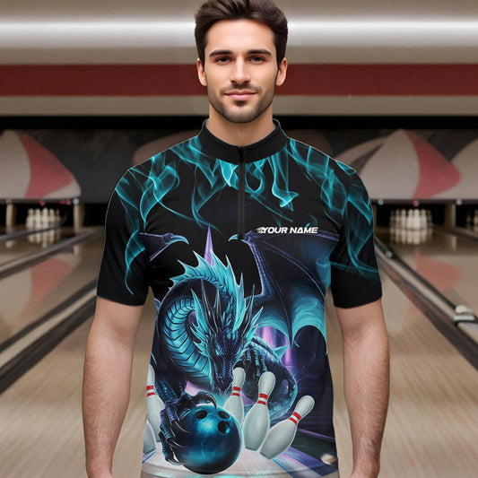 Custom Blue Flame Dragon Bowling Quarter-Zip Shirts For Men, Dragon Bowling Team Jerseys IPHW8959