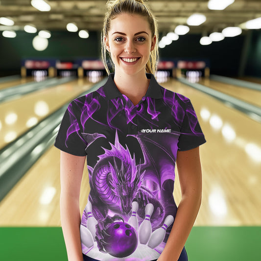 Custom Purple Flame Dragon Bowling Polo Shirts For Women, Dragon Bowling Team Jerseys IPHW8961
