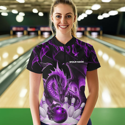 Custom Purple Flame Dragon Bowling Women Quarter-Zip Shirts, Dragon Bowling Team Jerseys IPHW8961
