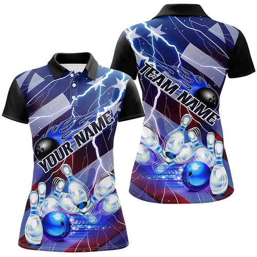 Flame Bowling Ball Blue Lightning American Flag Custom Name Bowling Team Shirts For Women IPHW6678