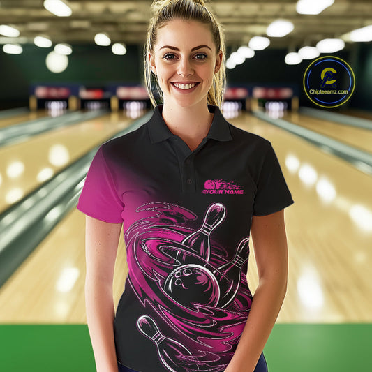 Custom Black And Pink Flame Bowling Polo Shirts For Women, Team Bowling League Shirt IPHW9777