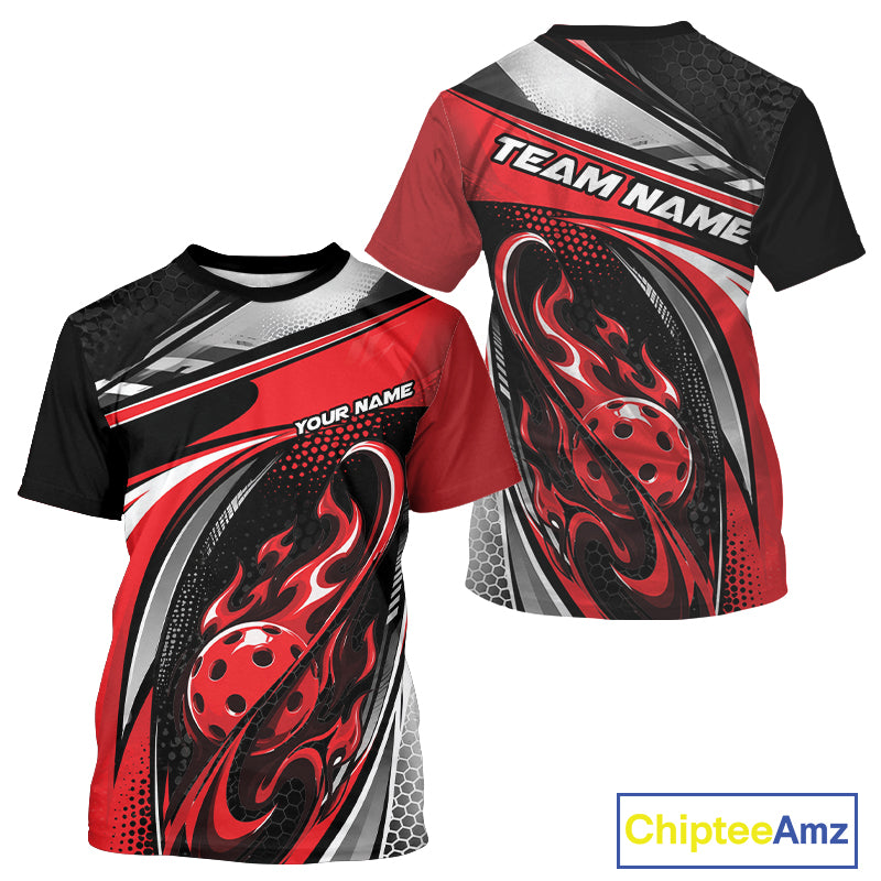Custom Black And Red Flame Pickleball Men T-Shirts, Pickleball League Jersey IPHW12754