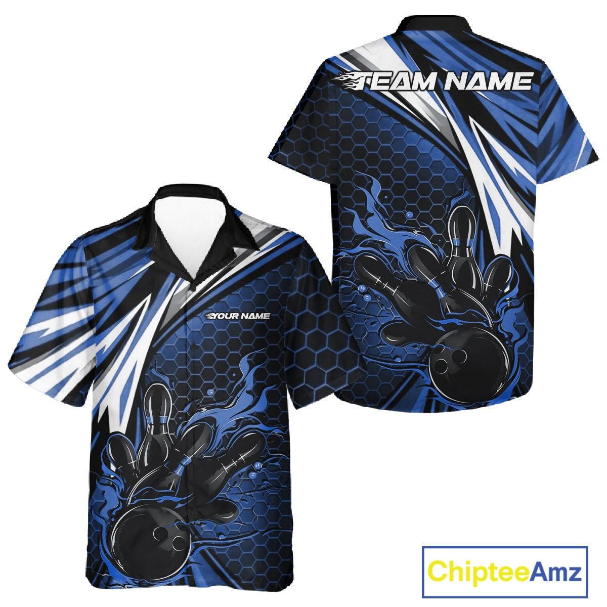 Custom Blue Flame Bowling Jerseys For Men And Women, Hexagon Bowling Team Tournament Shirt IPHW10557