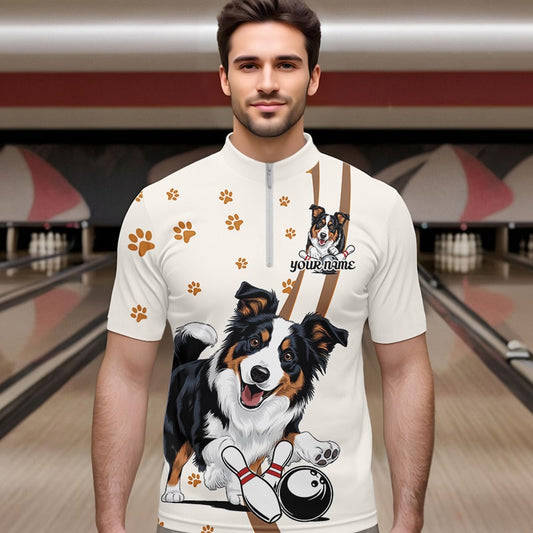 Custom Funny Border Collie Dog Bowling Men Quarter-Zip Shirts, Dog Paw Print Bowler Outfit IPHW8974