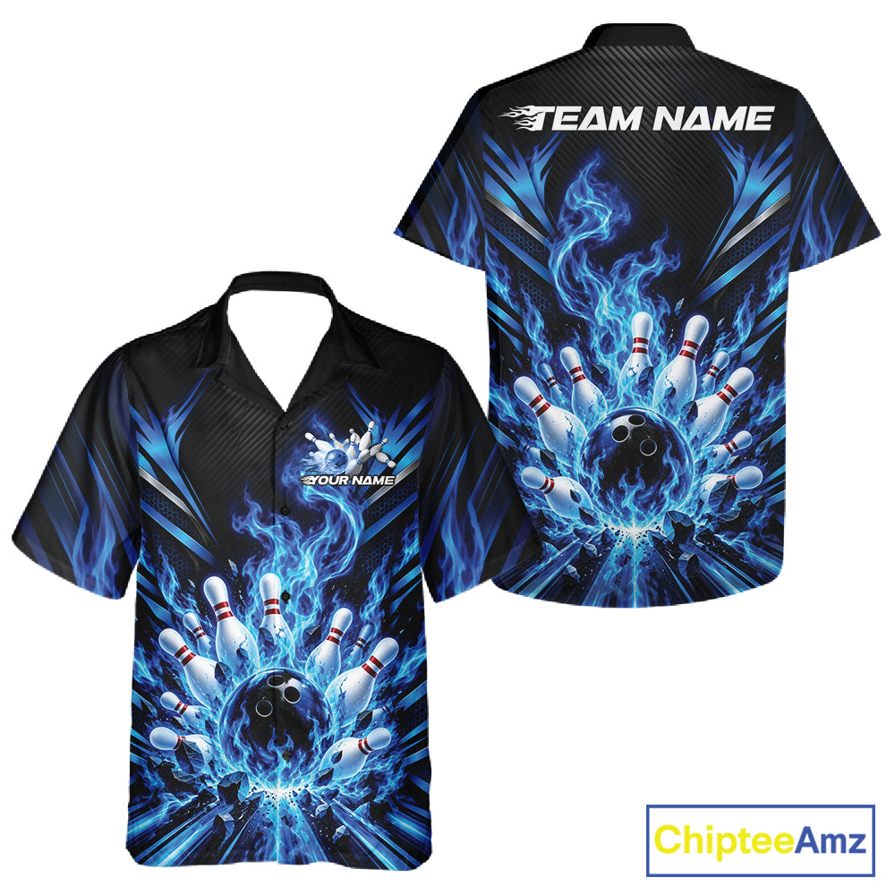 Custom Blue Flame Bowling Jersey, Matching Bowling League Men And Women Button Up Shirt For Team IPHW12297