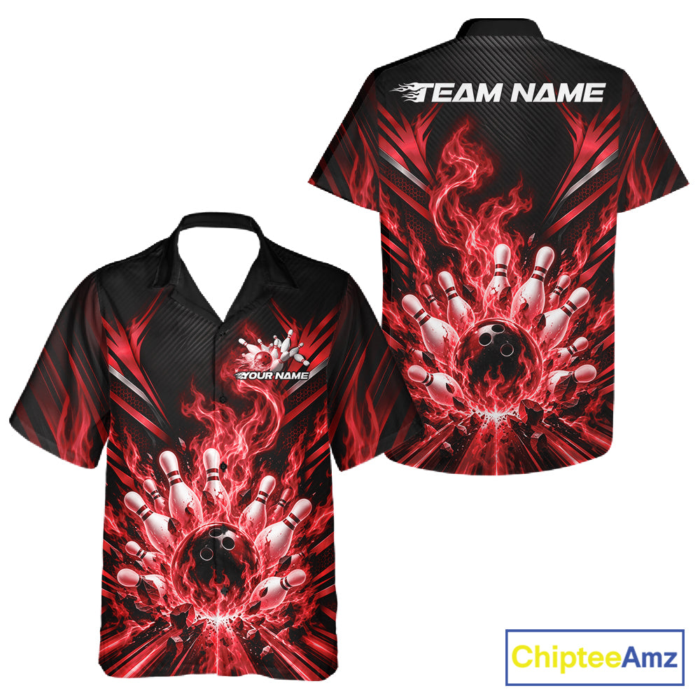 Custom Red Flame Bowling Jersey, Matching Bowling League Men And Women Button Up Shirt For Team IPHW12298