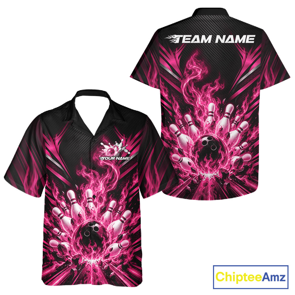 Custom Pink Flame Bowling Jersey, Matching Bowling League Men And Women Button Up Shirt For Team IPHW12299