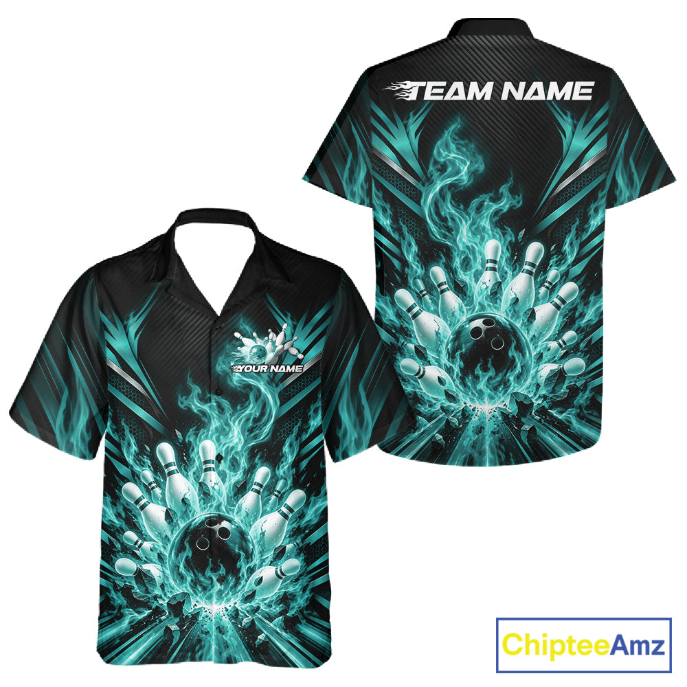 Custom Turquoise Blue Flame Bowling Jersey, Bowling League Men And Women Button Up Shirt For Team IPHW12300