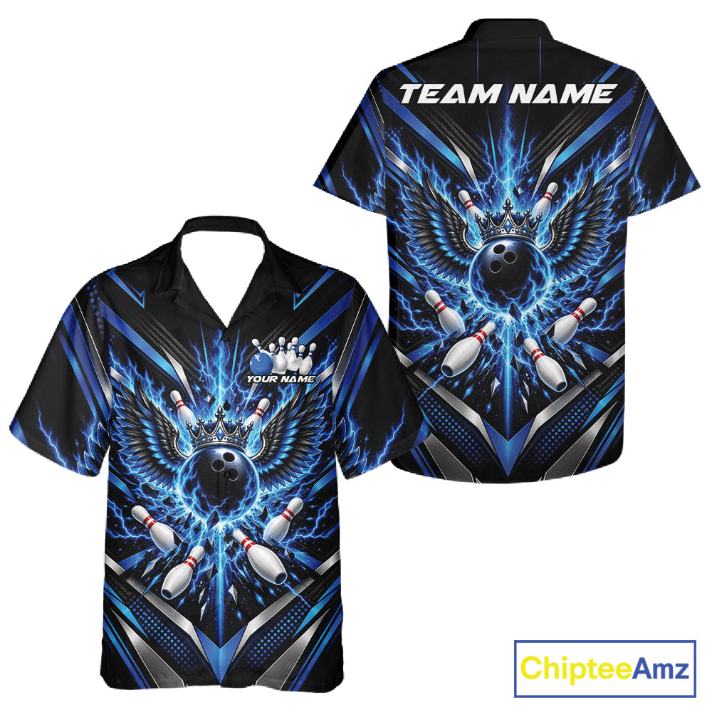 Custom Blue Lightning Crown Bowling Ball With Wings Bowling Team Men And Women Button Up Shirt IPHW12313