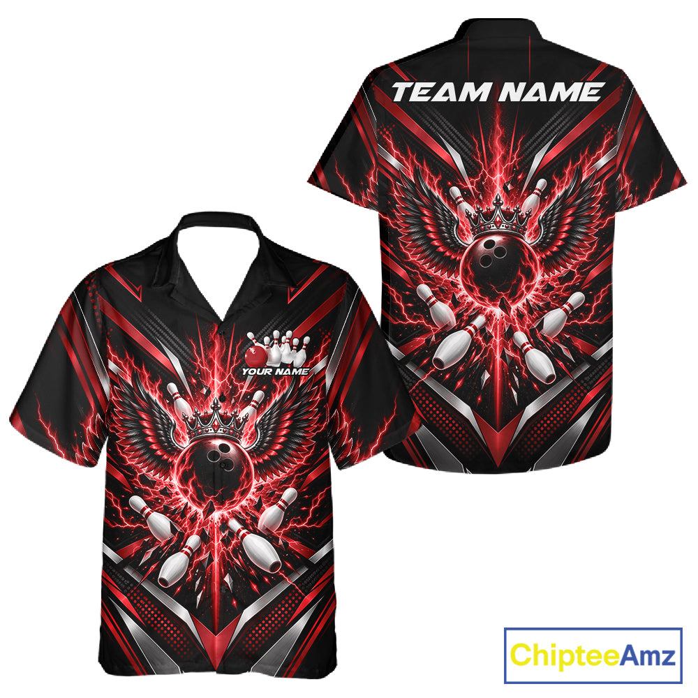 Custom Red Lightning Crown Bowling Ball With Wings Bowling Team Men And Women Button Up Shirt IPHW12314