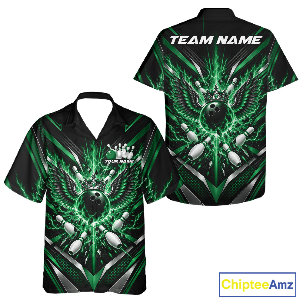 Custom Green Lightning Crown Bowling Ball With Wings Bowling Team Men And Women Button Up Shirt IPHW12315