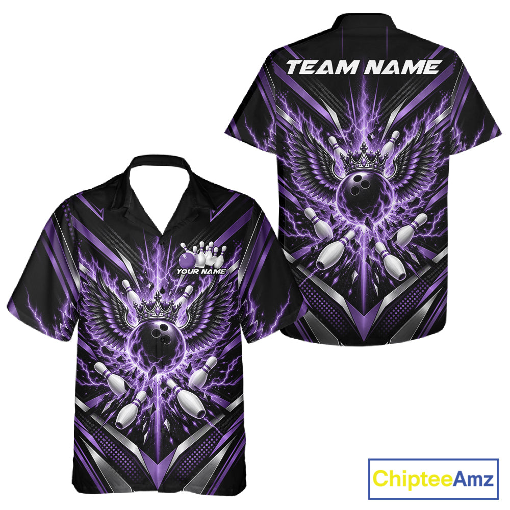Custom Purple Lightning Crown Bowling Ball With Wings Bowling Team Men And Women Button Up Shirt IPHW12316
