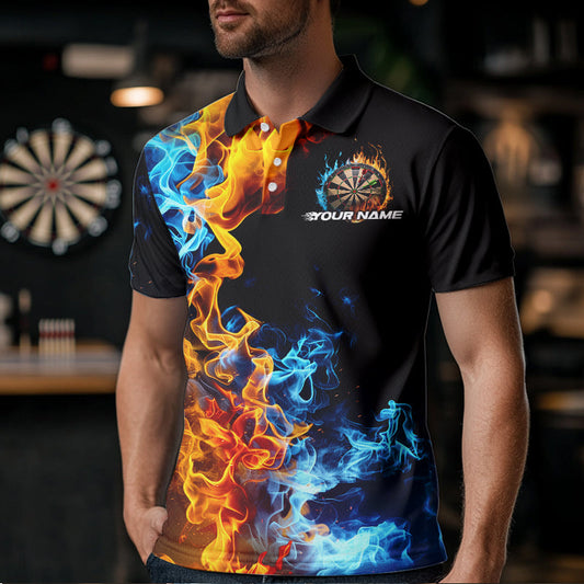 Custom Blue And Orange Flame Dart Polo Shirts For Men, Fire Dart Jerseys Dart Team Shirt IPHW8492