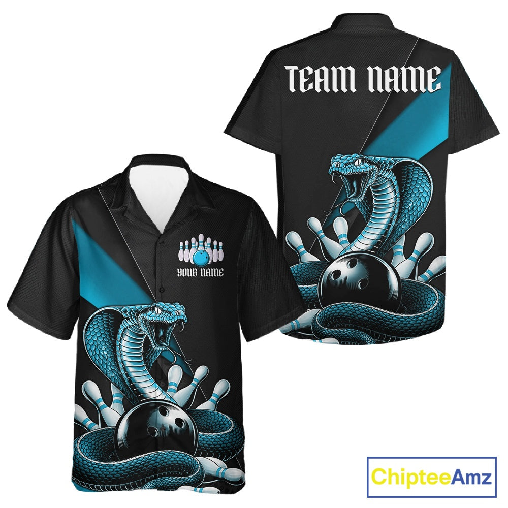 Black button-up bowling shirt featuring a blue cobra wrapped around a bowling ball with scattered pin graphics.
