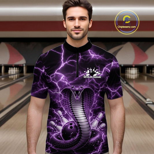 Male model wearing a bowling quarter-zip at the bowling lane with purple cobra and bowling ball graphics against lightning.
