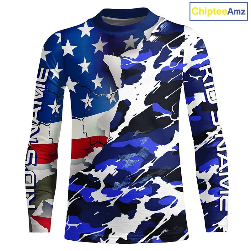 Custom American Flag Blue Camo Long Sleeve Shirts, Patriotic Performance Fishing Shirts IPHW6535