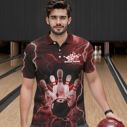 Custom Black And Red Thunder Lightning Bowling Polo Team Shirts For Men, Bowling Jerseys IPHW8514