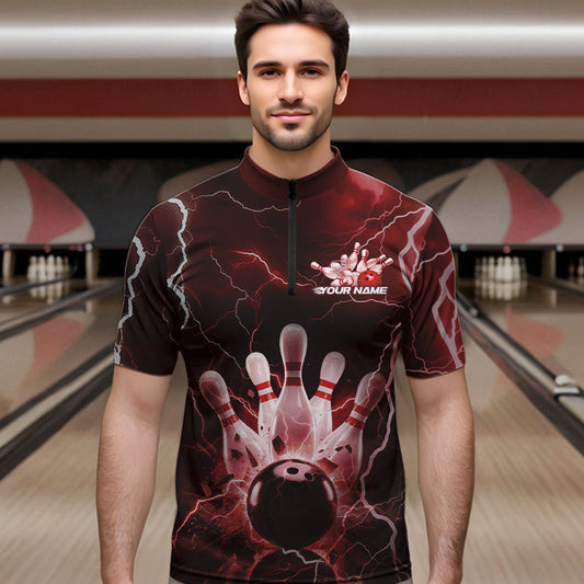 Custom Black And Red Thunder Lightning Bowling Quarter-Zip Team Shirts For Men, Bowling Jerseys IPHW8514