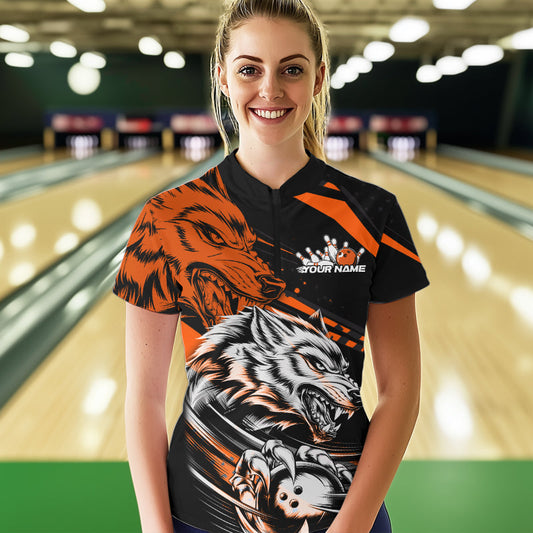 Custom Black And Orange Wolf Bowling Women Quarter-Zip Shirt, Bowling League Team Shirt IPHW8715