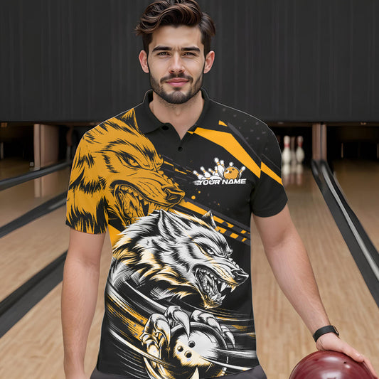Custom Black And Yellow Wolf Bowling Men Polo Shirts, Wolf Bowling League Shirt Team Uniform IPHW8716