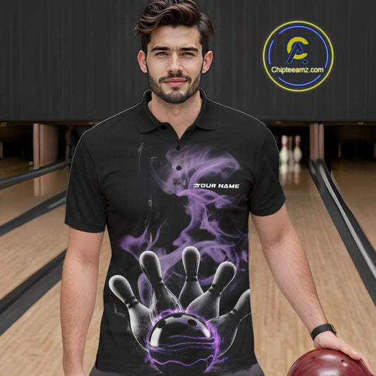 Custom Purple Smoke Bowling Polo Team Shirts For Men, Flame Bowling League Shirt IPHW9563