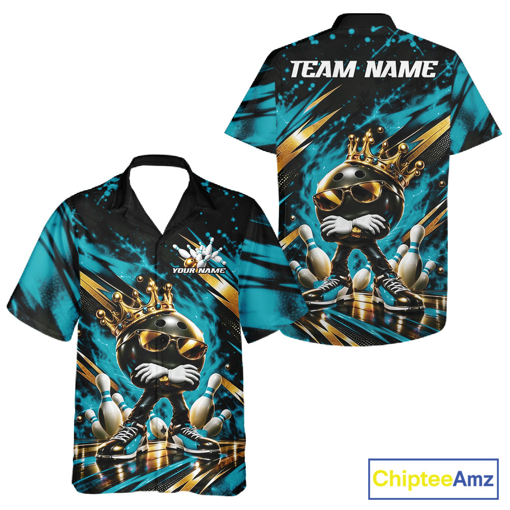 Custom Turquoise Blue Funny Awesome Crown Bowling Ball Bowling King Men And Women Button Up Team Shirt IPHW12320