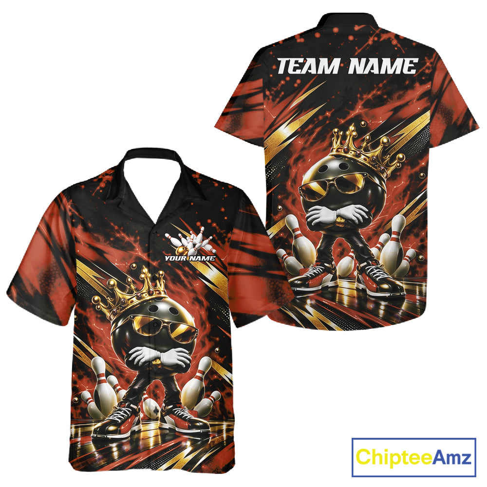 Custom Orange And Gold Funny Awesome Crown Bowling Ball Bowling King Men And Women Button Up Team Shirt IPHW12321
