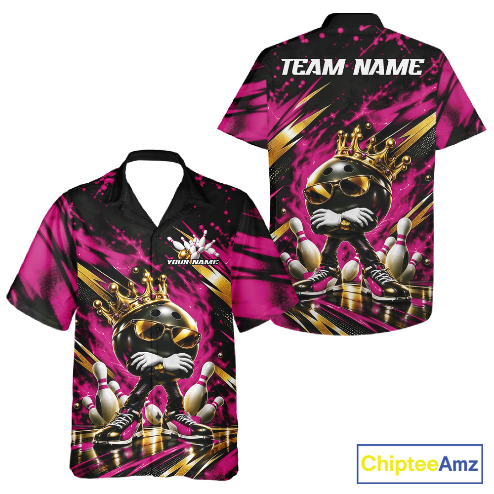 Custom Pink And Gold Funny Awesome Crown Bowling Ball Bowling King Men And Women Button Up Team Shirt IPHW12322