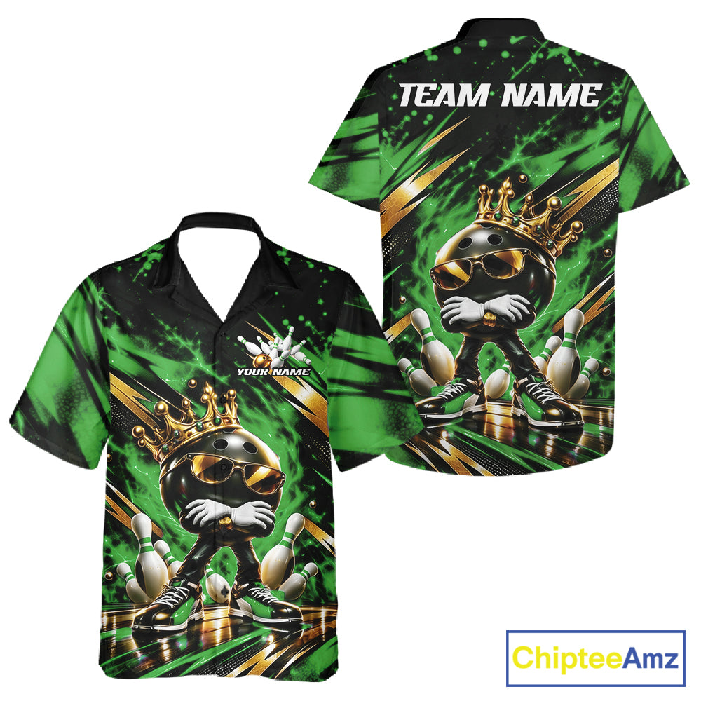 Custom Green And Gold Funny Awesome Crown Bowling Ball Bowling King Men And Women Button Up Team Shirt IPHW12324