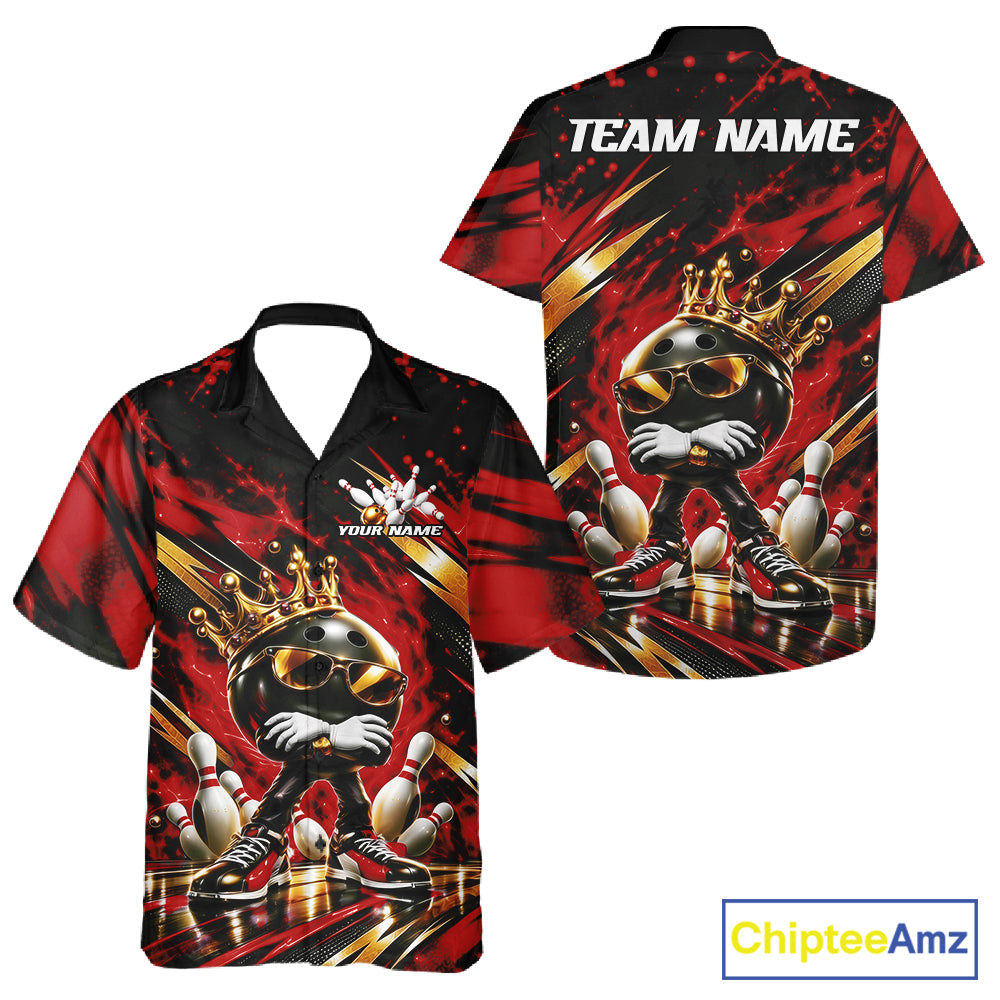 Custom Red And Gold Funny Awesome Crown Bowling Ball Bowling King Men And Women Button Up Team Shirt IPHW12325