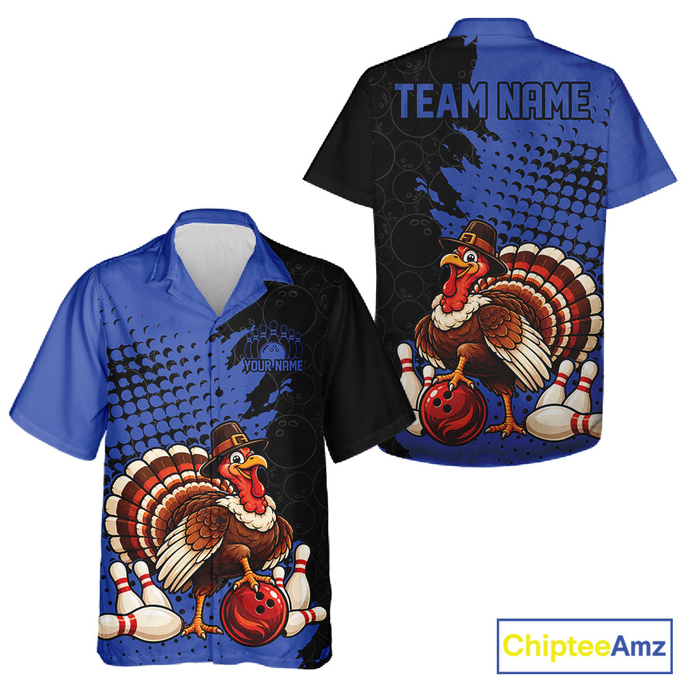 Custom Funny Turkey With Pilgrim Hat, Blue Thanksgiving Men And Women Button Up Bowling Shirt IPHW12809