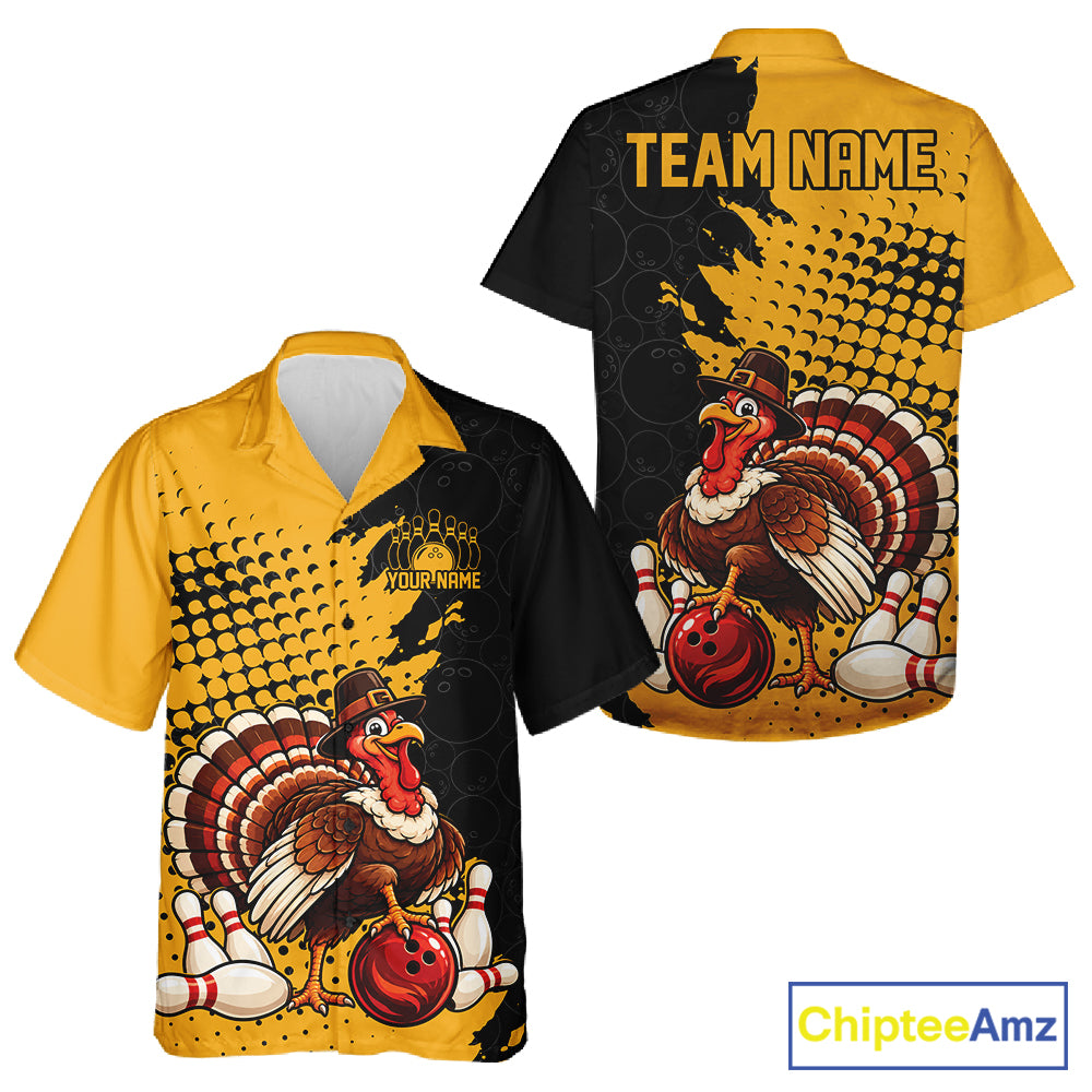 Custom Funny Turkey With Pilgrim Hat, Yellow Thanksgiving Men And Women Button Up Bowling Shirt IPHW12810