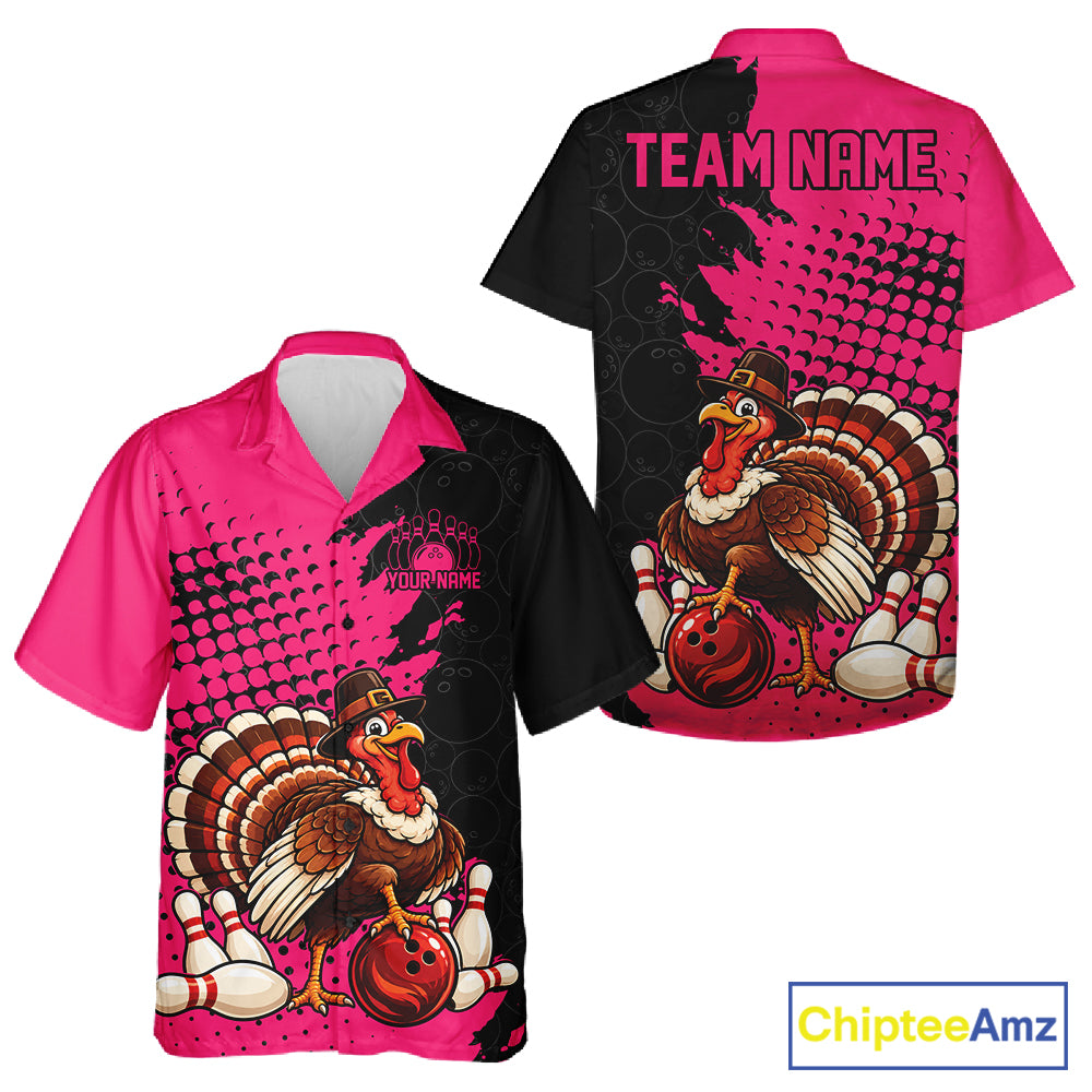 Custom Funny Turkey With Pilgrim Hat, Pink Thanksgiving Men And Women Button Up Bowling Shirt IPHW12812