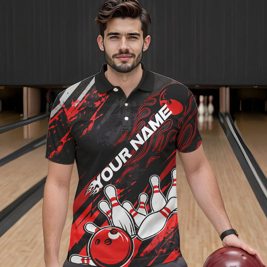 Grunge Black And Red Custom Flame Bowling Team Polo Shirts For Men, Bowling League Shirt IPHW8524