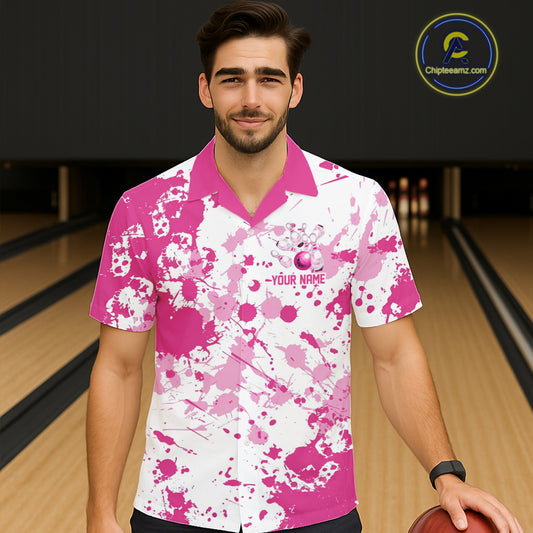 Custom Pink Bowling Hawaiian Shirts For Men, Splatter Bowling Team Jerseys With Name IPHW7052