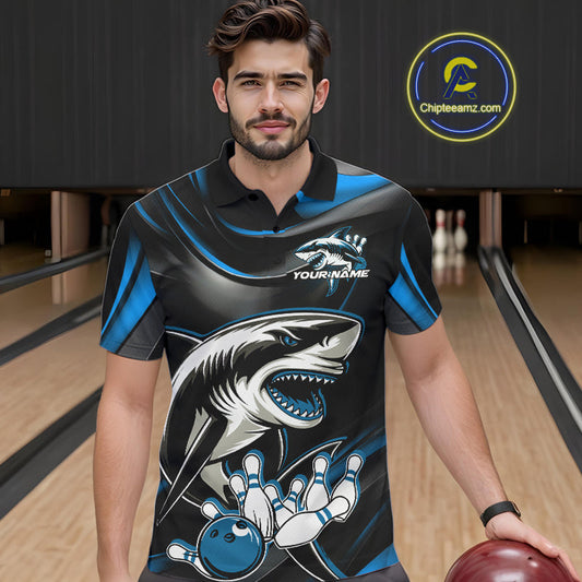 Custom Black And Blue Shark Bowling Team Polo Shirts For Men, Bowling League Shirt IPHW9003
