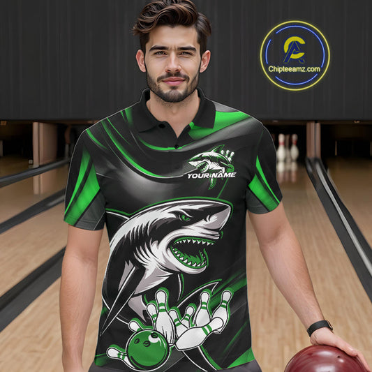 Custom Black And Green Shark Bowling Team Polo Shirts For Men, Bowling League Shirt IPHW9004